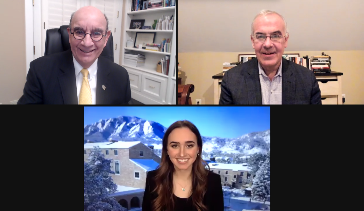 Chancellor Phil DiStefano, David Brooks and Allie Reuter