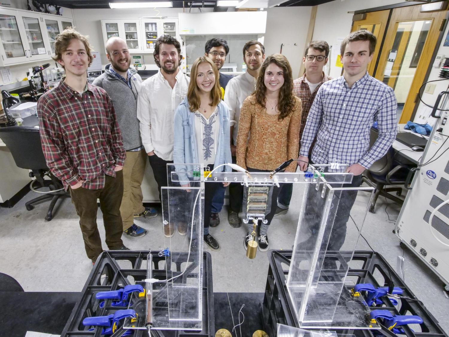  Assistant Professor Christoph Keplinger,  graduate student Eric Acome, undergraduate student Madison Emmett, graduate student Nick Kellaris, graduate student VC Gopaluni Venkata, undergraduate student Madeline King, graduate student Shane Mitchell, PhD candidate Timothy Morrissey, and undergraduate s