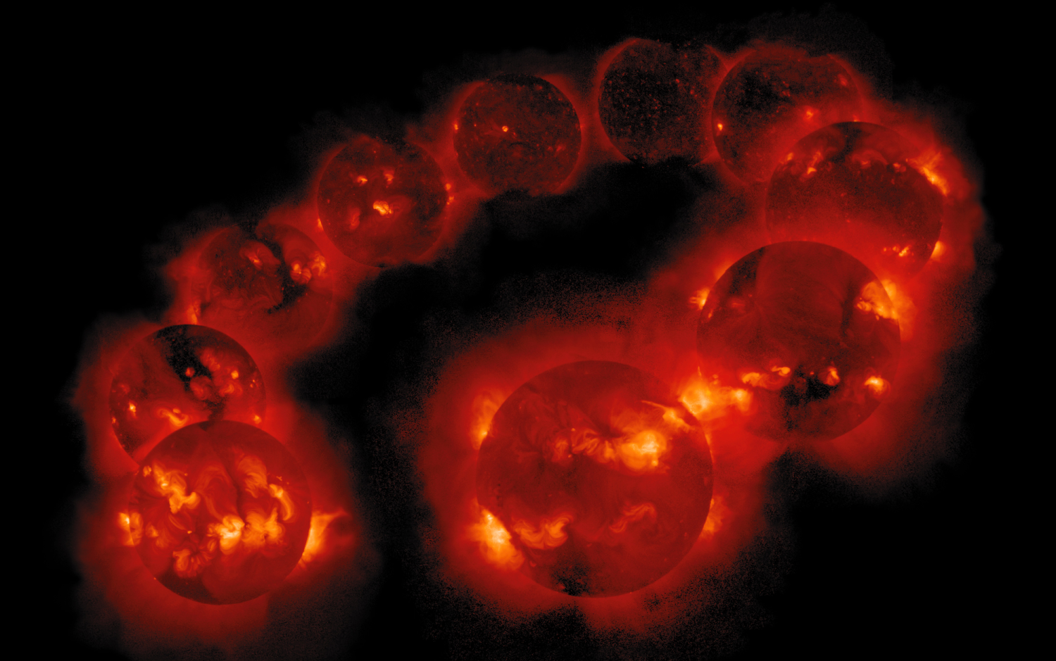 Collage of 10 images of the sun arranged in a circle. Some of the images are bright orange, while others are dimmer.
