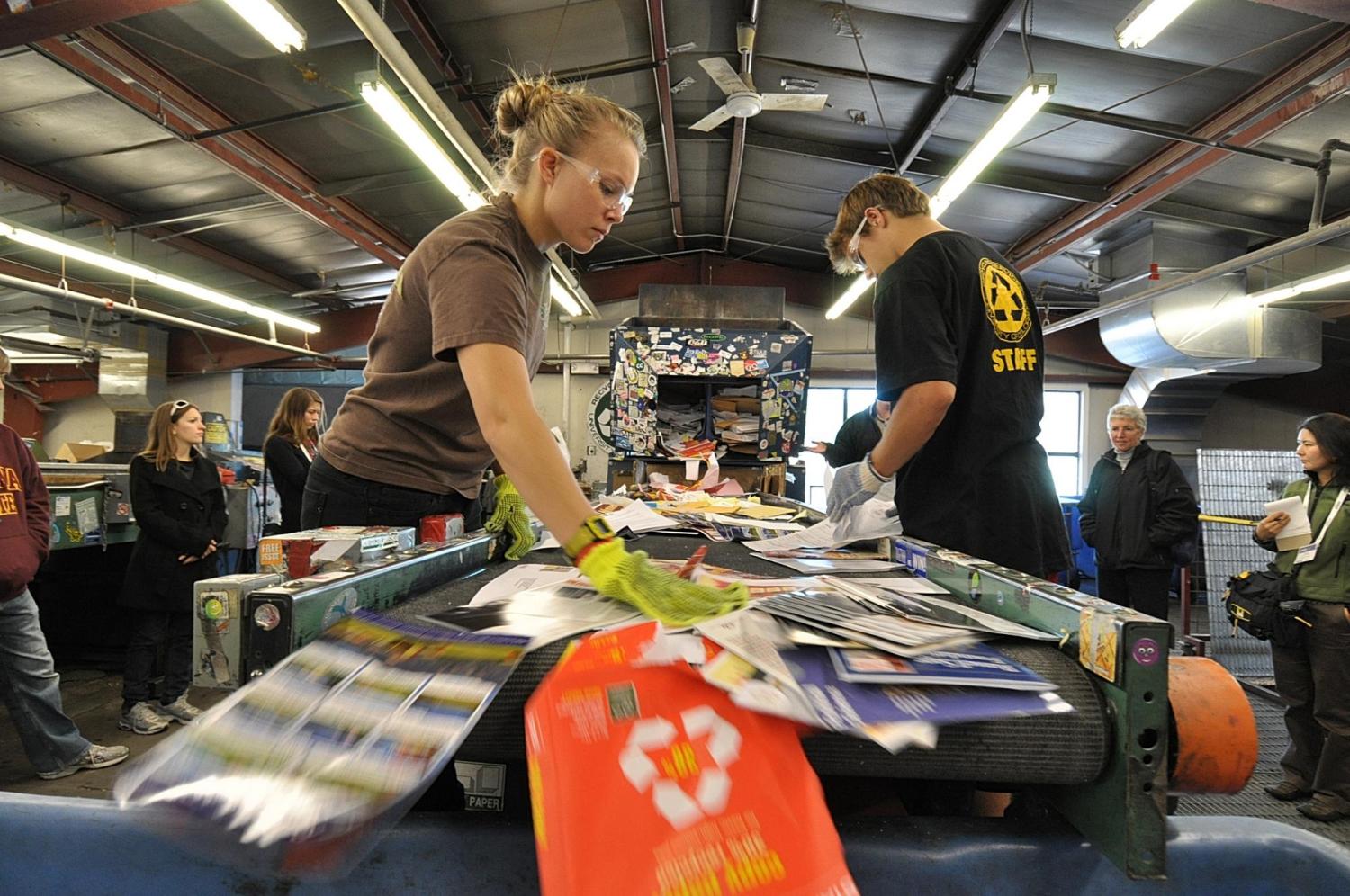 A view of recycled materials on a conveyor belt