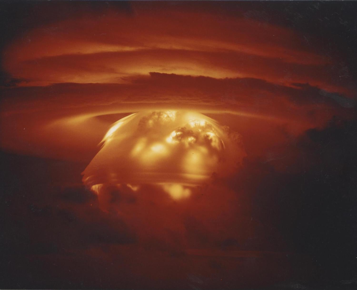 A mushroom cloud erupts during the Castle Bravo nuclear weapon test at Bikini Atoll in 1954.