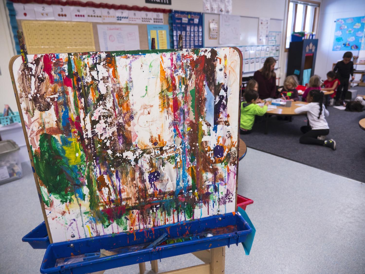 Art easel in a classroom with young children