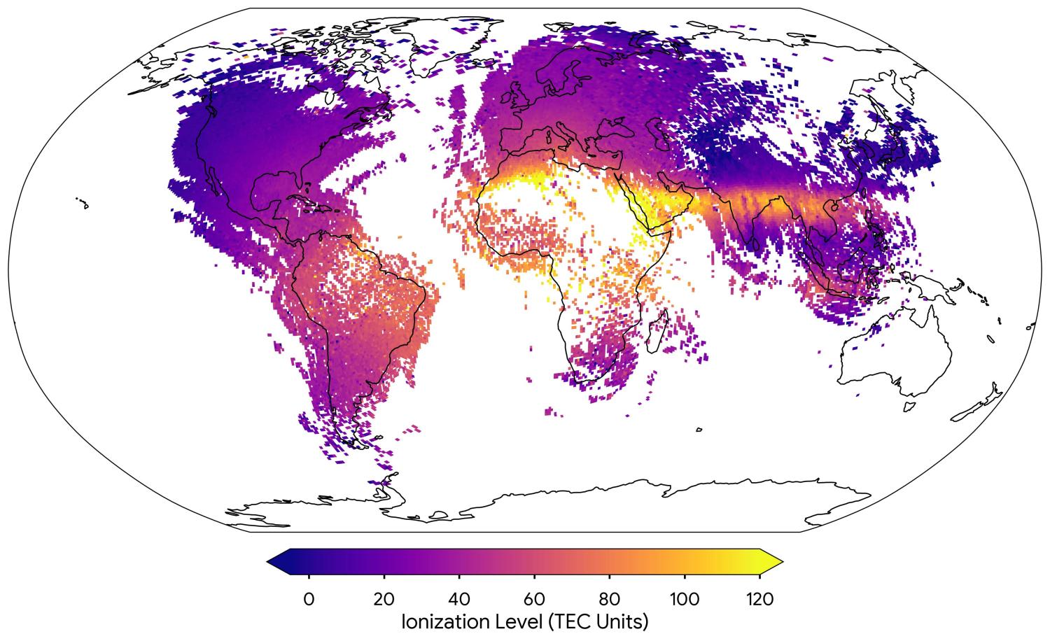 World map overlain with pixels ranging in color from purple to yellow