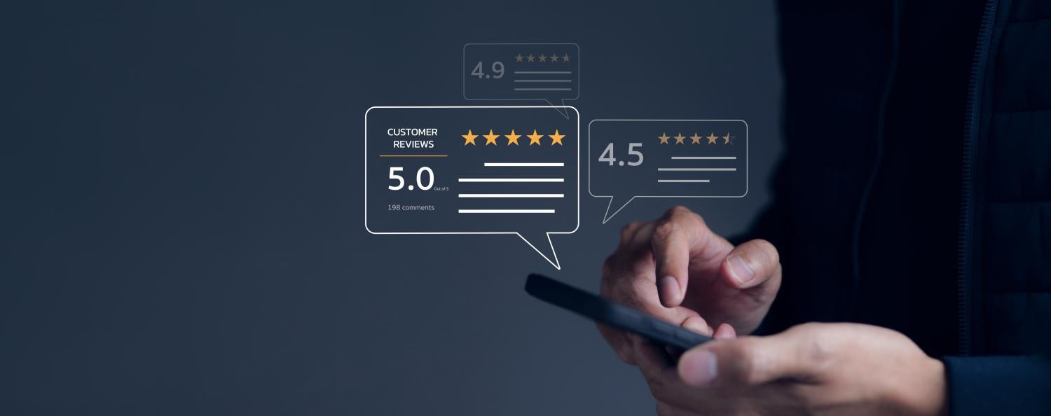 Photo of hand swiping on smartphone. Bubbles appear showing 5.0, 4.9 and 4.6 -star reviews