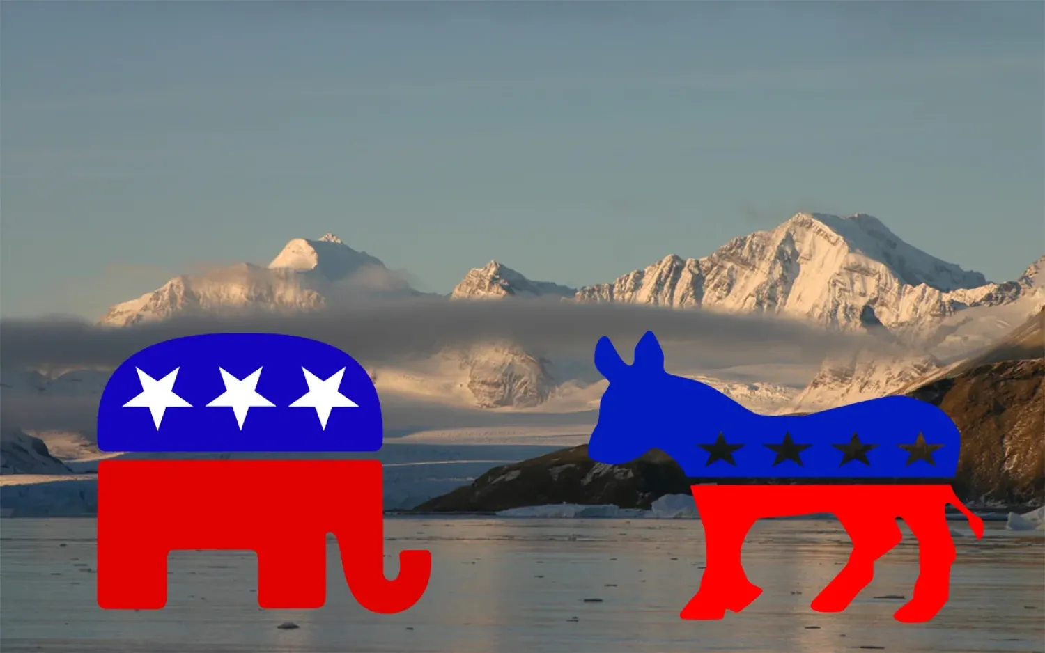 Democrat and Republican logos over mountain background