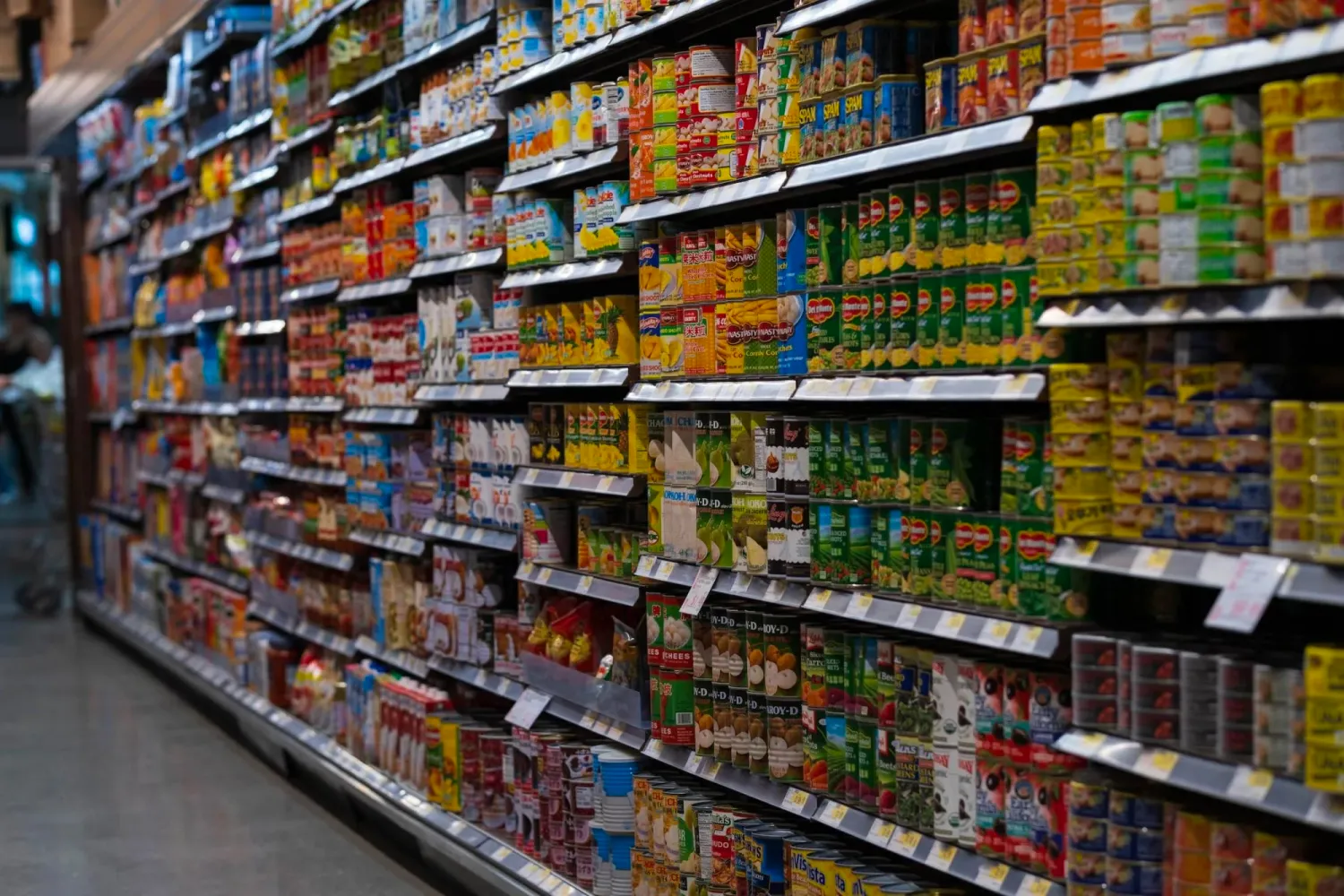 Items stacked on grocery store shelves