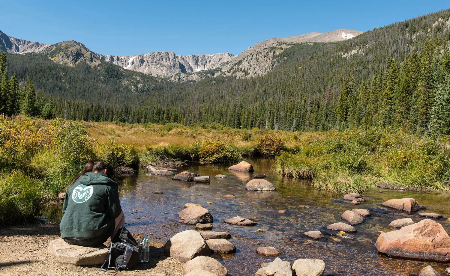 Colorado State University researcher taking a sample from a river in the mountains