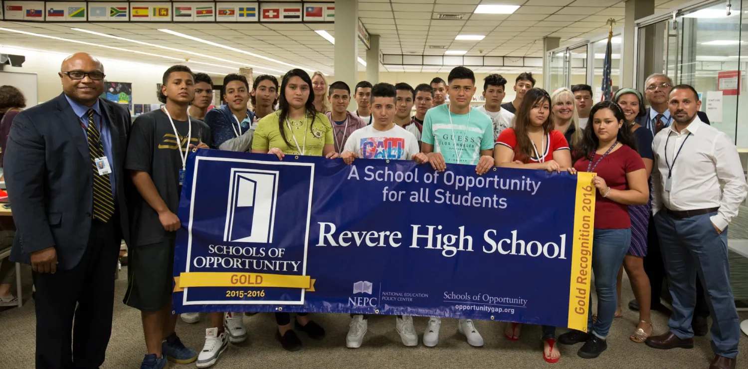 Revere High School students with a celebratory banner