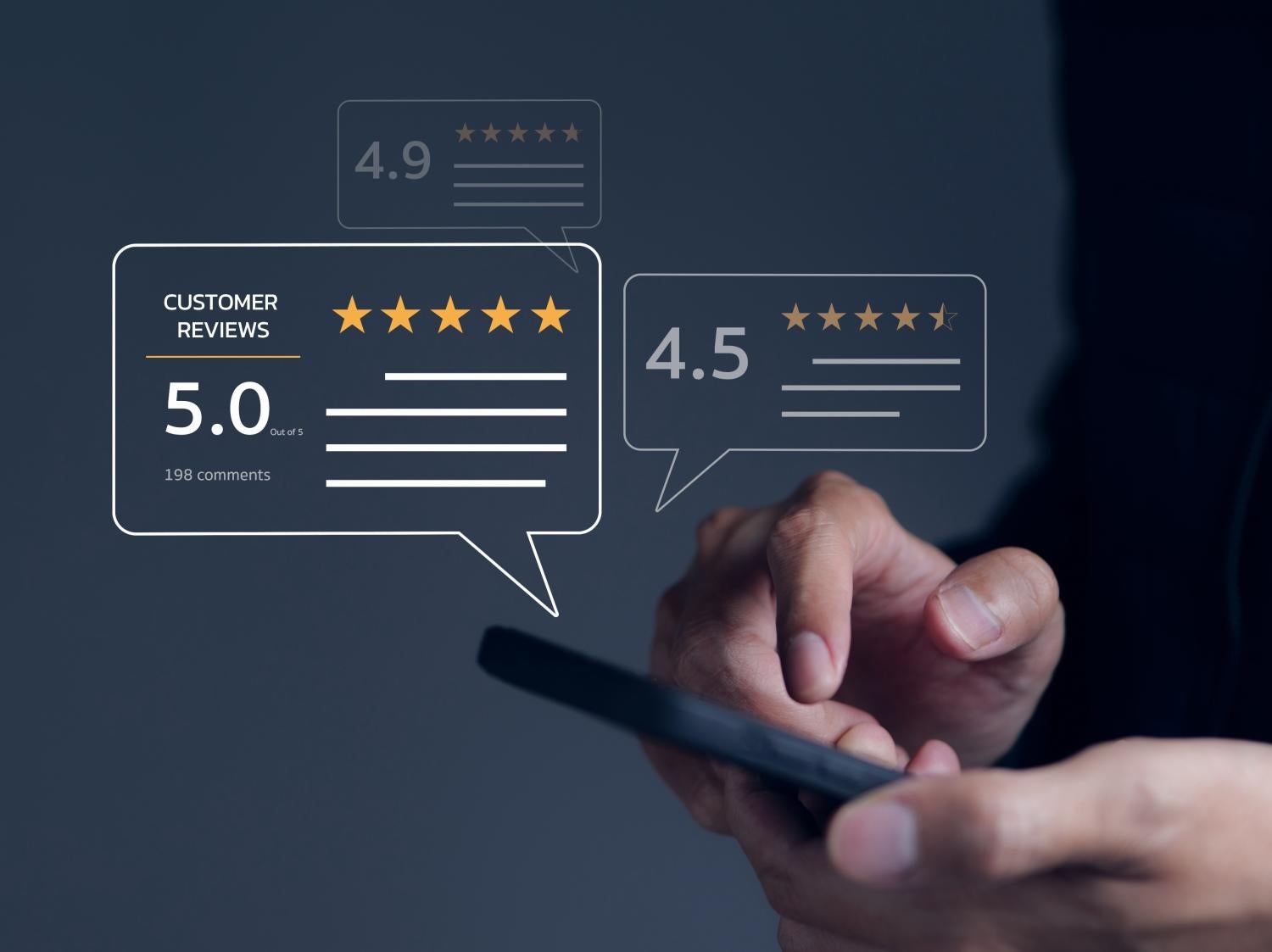 Hand types on smartphone with bubbles that appear revealing 5.0, 4.9 and 4.6 star reviews