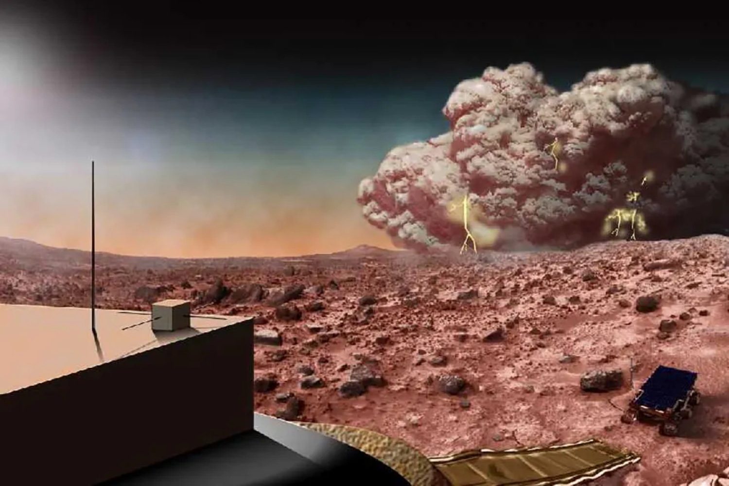 Illustration of the surface of Mars with dust clouds billowing in the distance and crackling with lightning