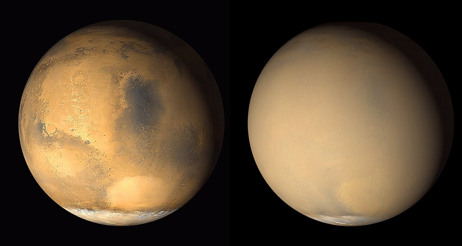 Two images of Mars seen from space. The globe on the left looks clear, while the globe on the right is clouded.