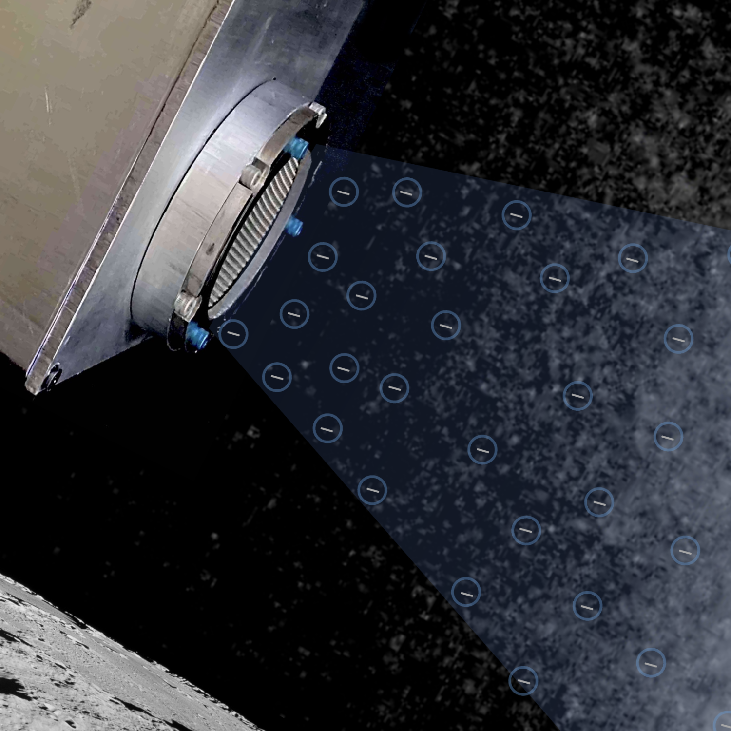 Illustration of device emitting beam of minus symbols with the moon and space in the background