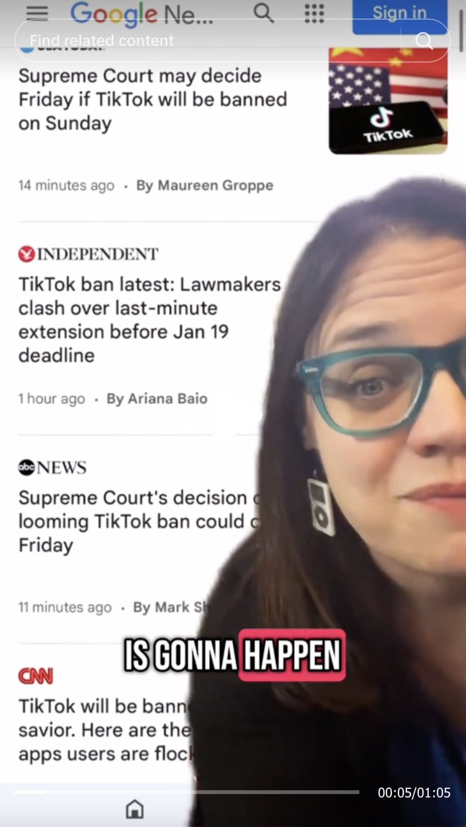 Screengrab from TikTok showing a woman's face against a green screen background of news articles with the words "is gonna happen" highlighted