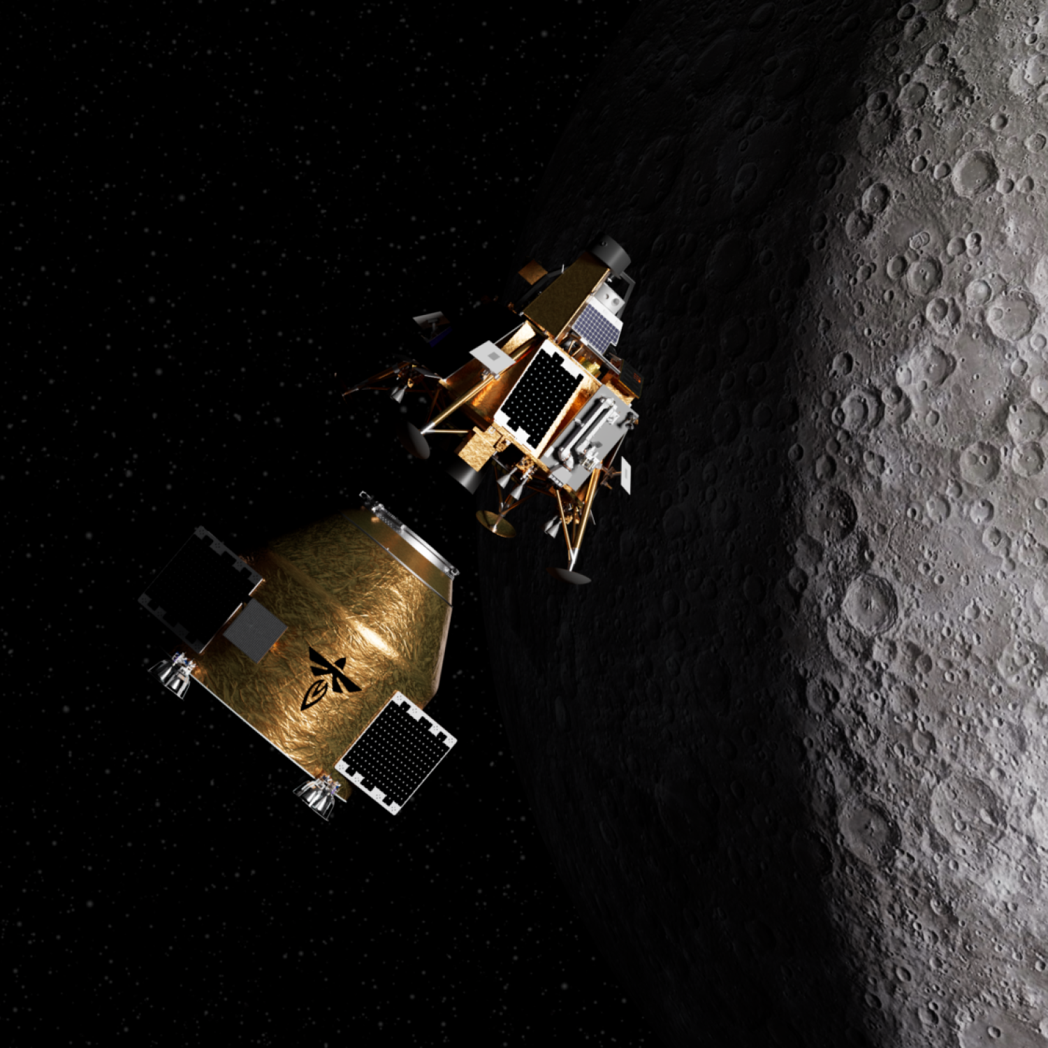 Illustration of two spacecraft close to each other above the surface of the moon