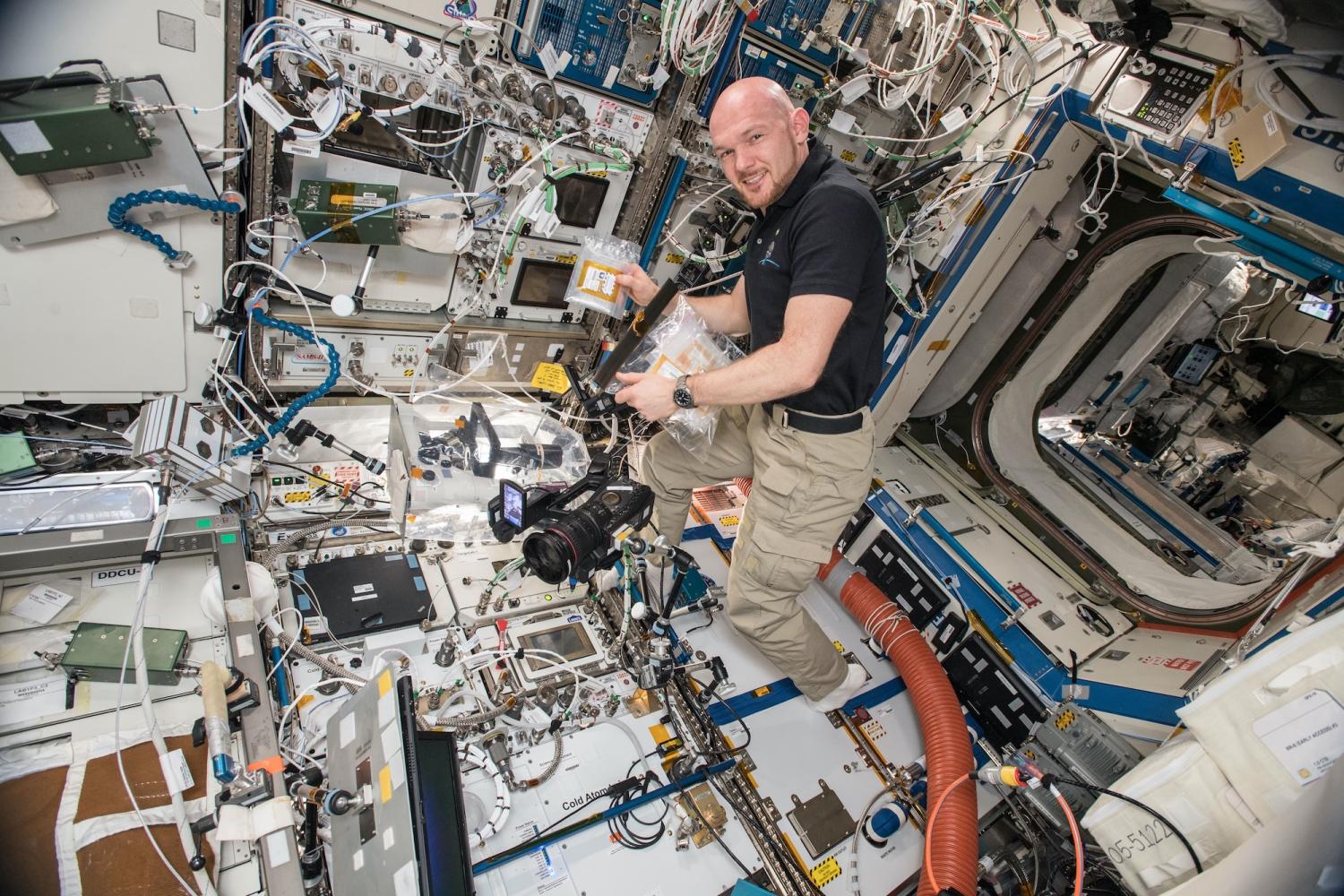 Man on space station works with scientific equipment
