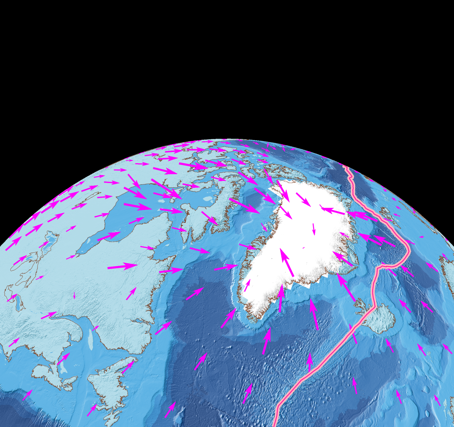 Illustration of Earth's Northern Hemisphere with red line running down the Atlantic Ocean to the east of Greenland and multiple purple arrows