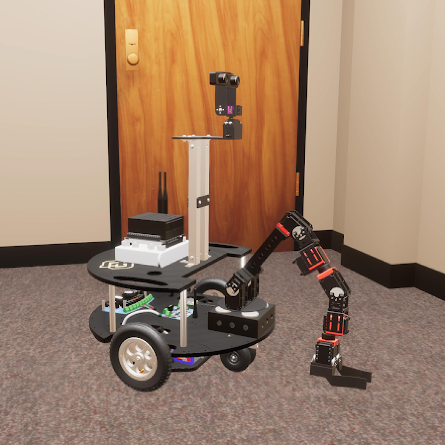 A computer generated image of a robot in a computer generated office