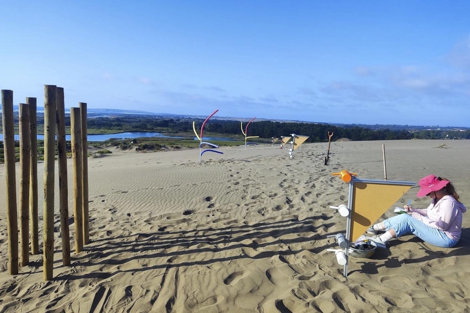 Woman sits on dune with several objects, including wooden poles, sticking up from the sand
