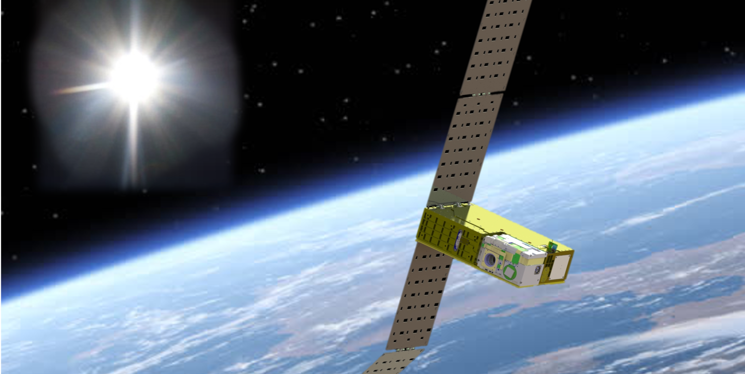 Illustration of satellite with Earth and sun in background