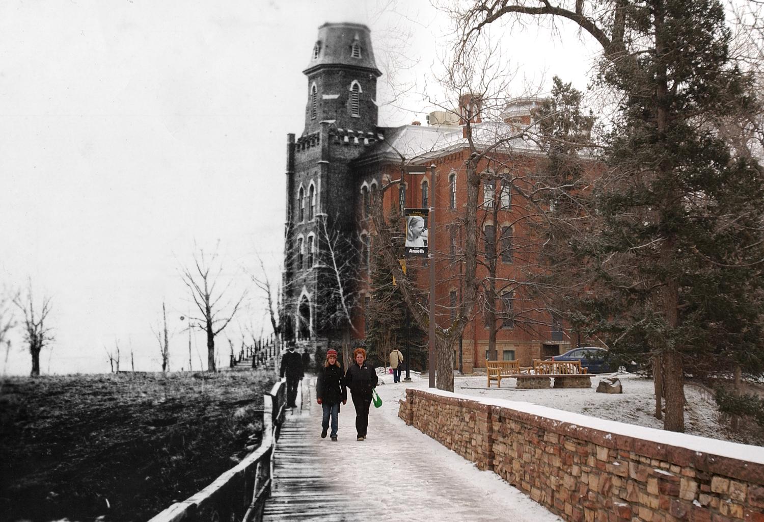 an illustration/composite image of Buffs old and new walking side by side in front of Old Main