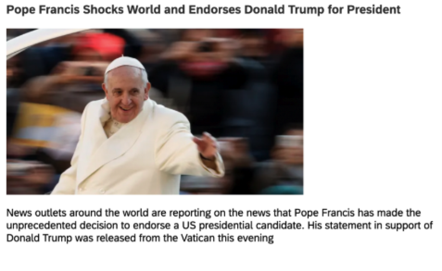 A fake news clip showing a photo of Pope Francis