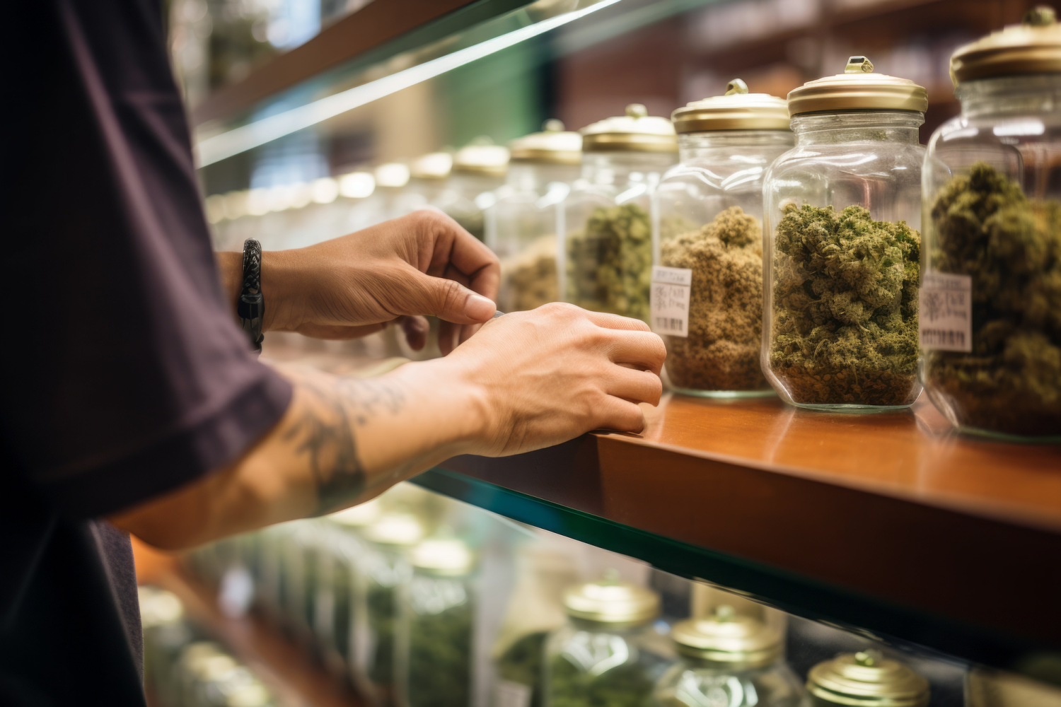 Person's arms adjust glass bottles filled with cannabis flower