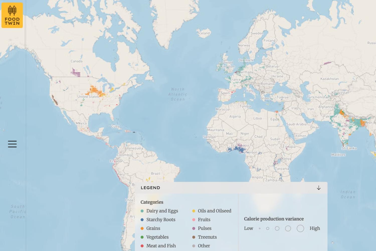 Map of globe with colored dots in various locations representing different kinds of food