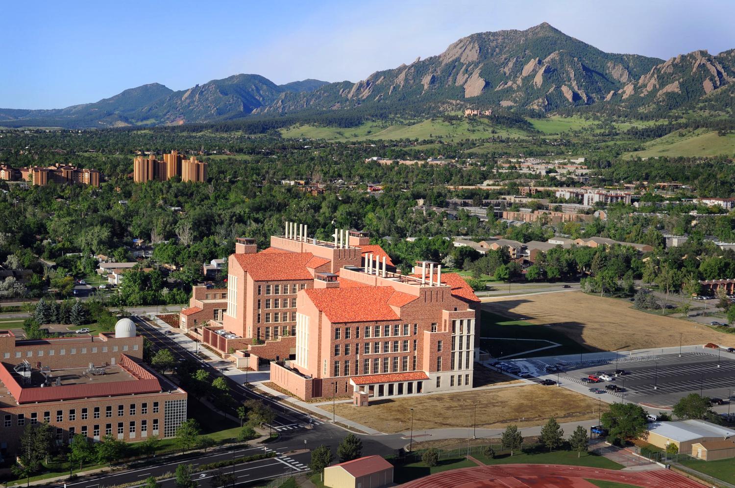 Aerial image of the Jennie Caruthers Biotechnology Building on the CU-Boulder campus.