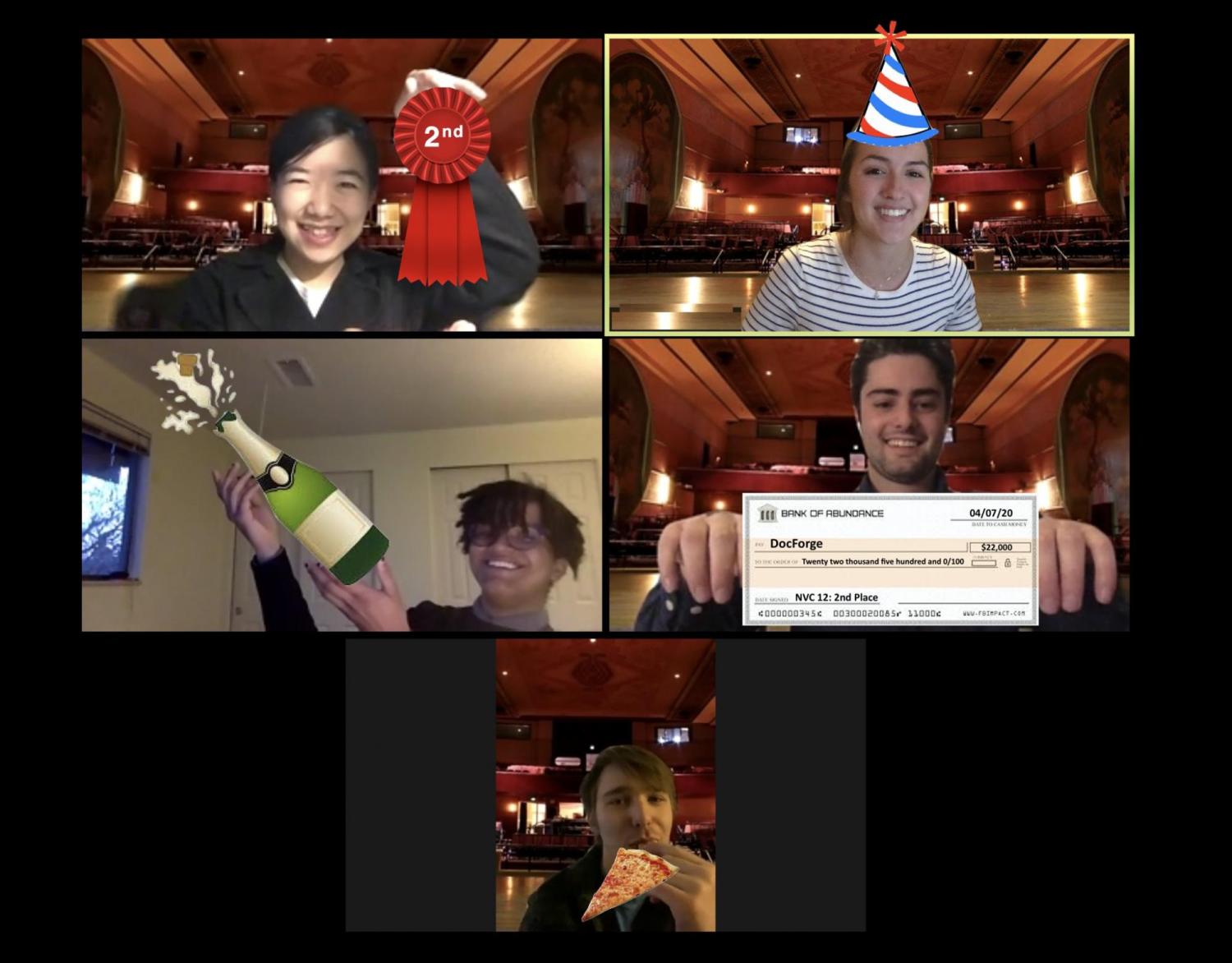 Members of the DocForge team celebrate virtually on their computer screens.