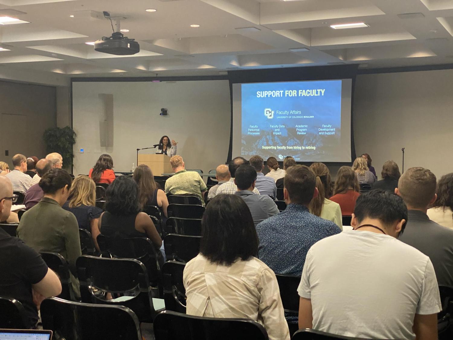 Vice Provost for Faculty Affairs Michele Moses addresses new faculty during orientation