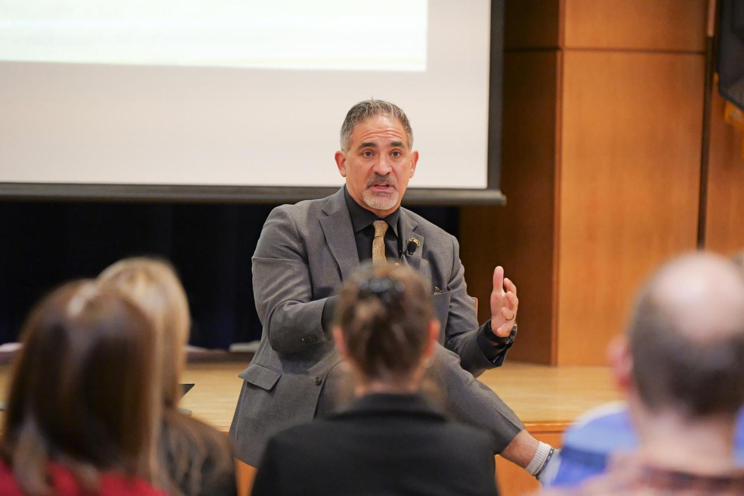 Chancellor finalist Justin Schwartz speaks during the faculty forum