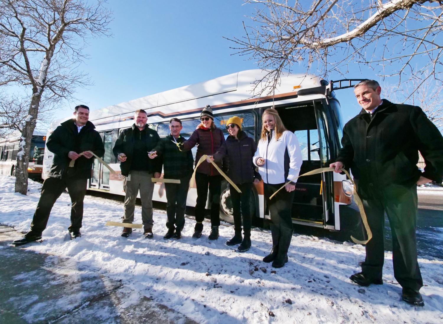 A ribbon-cutting ceremony takes place to celebrate CU Boulder's electric bus program.