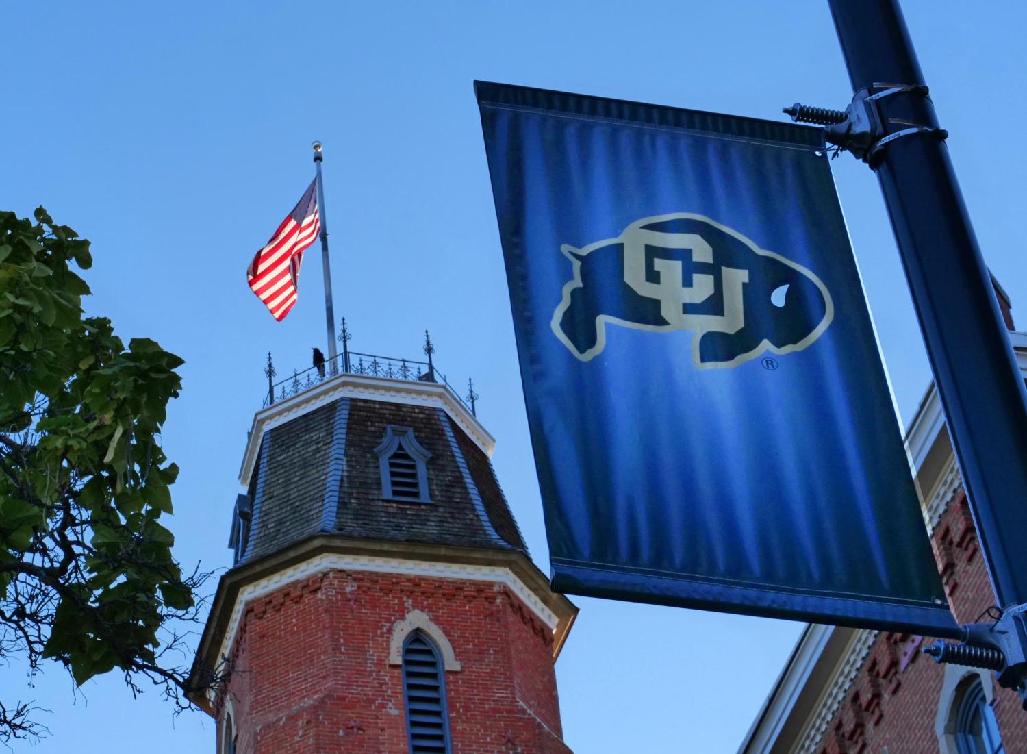 CU Buffs banner next to Old Main