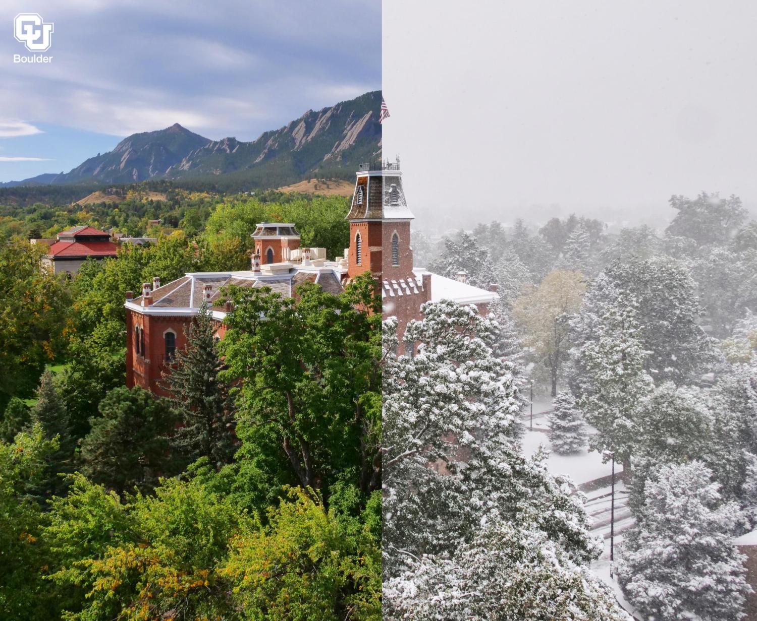 Old Main split screen features green and sunny skies (left) and snowstorm (right)