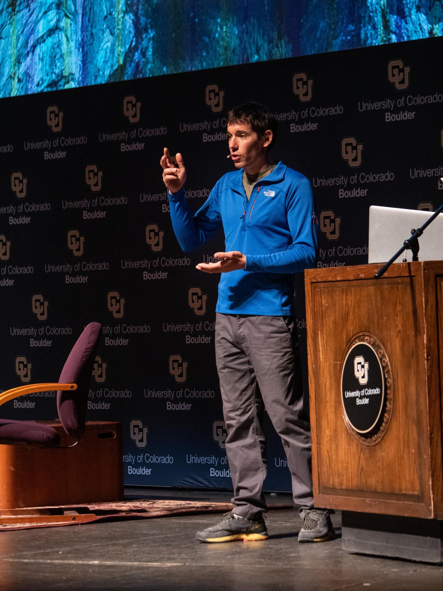 Alex Honnold speaks in Macky Auditorium