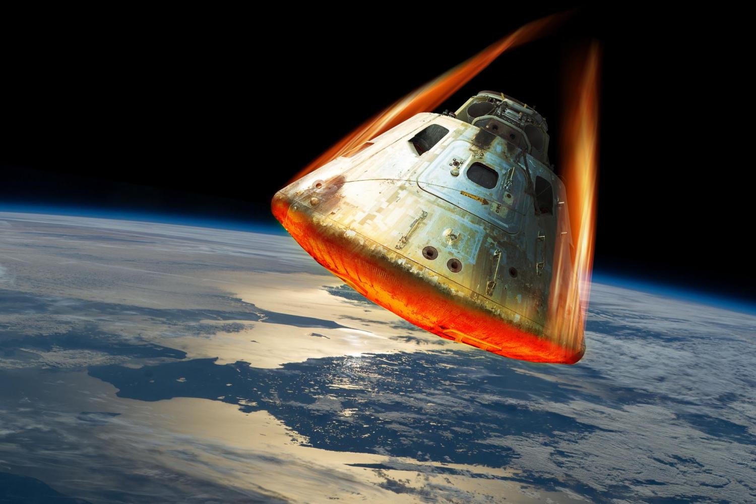 Illustration of a space craft reentering the atmosphere