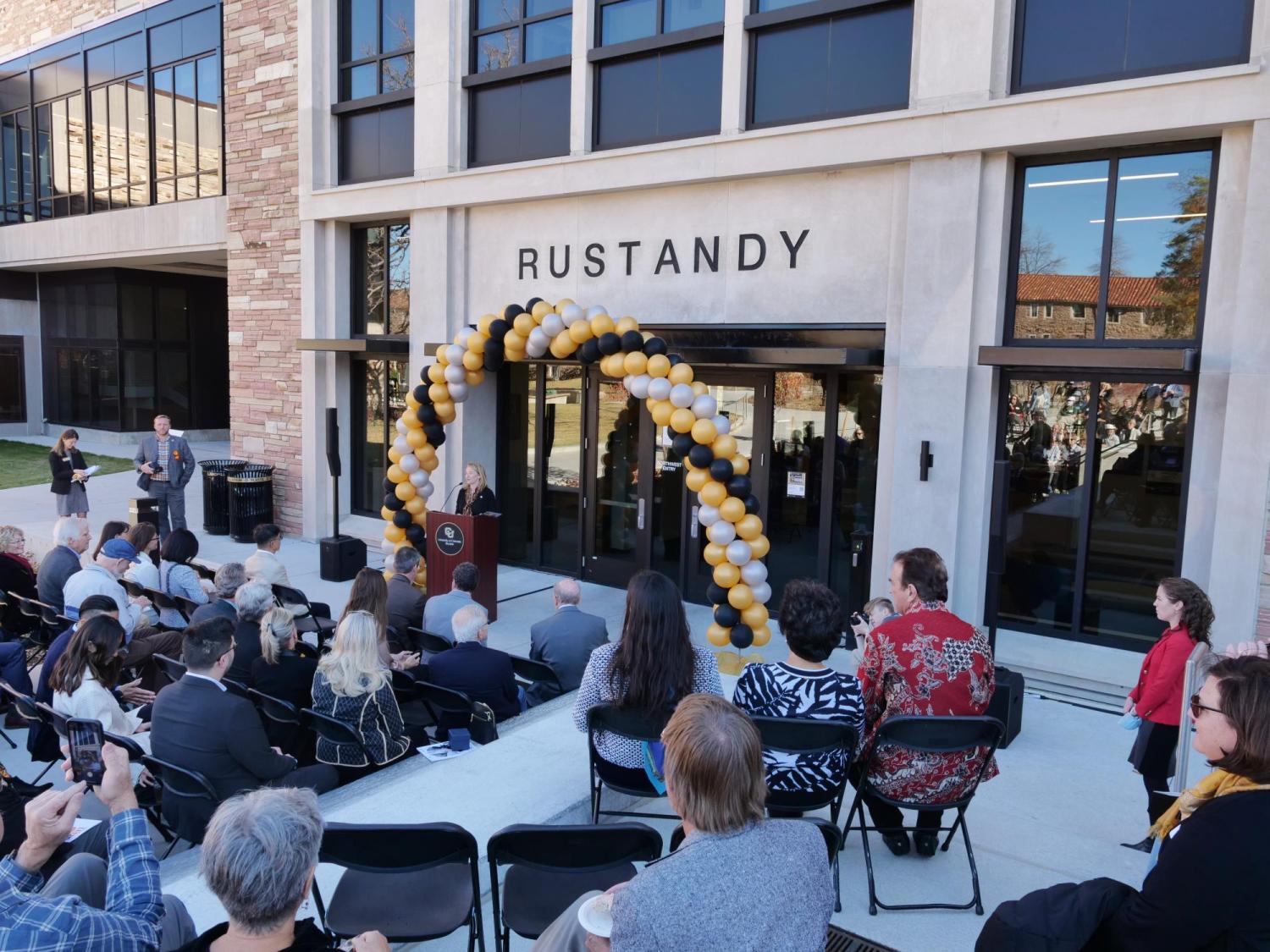 Leeds School of Business Dean Sharon Matusik speaks during the new Rustandy building grand opening event