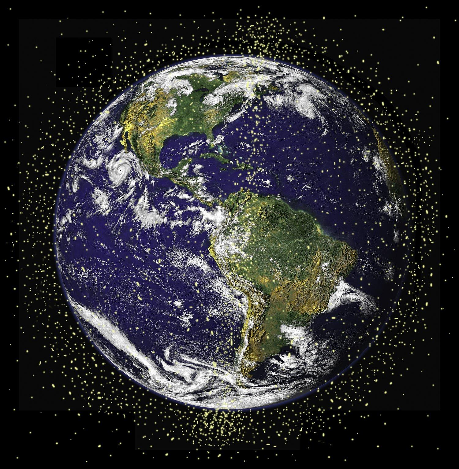 Image of the globe surrounded by satellites