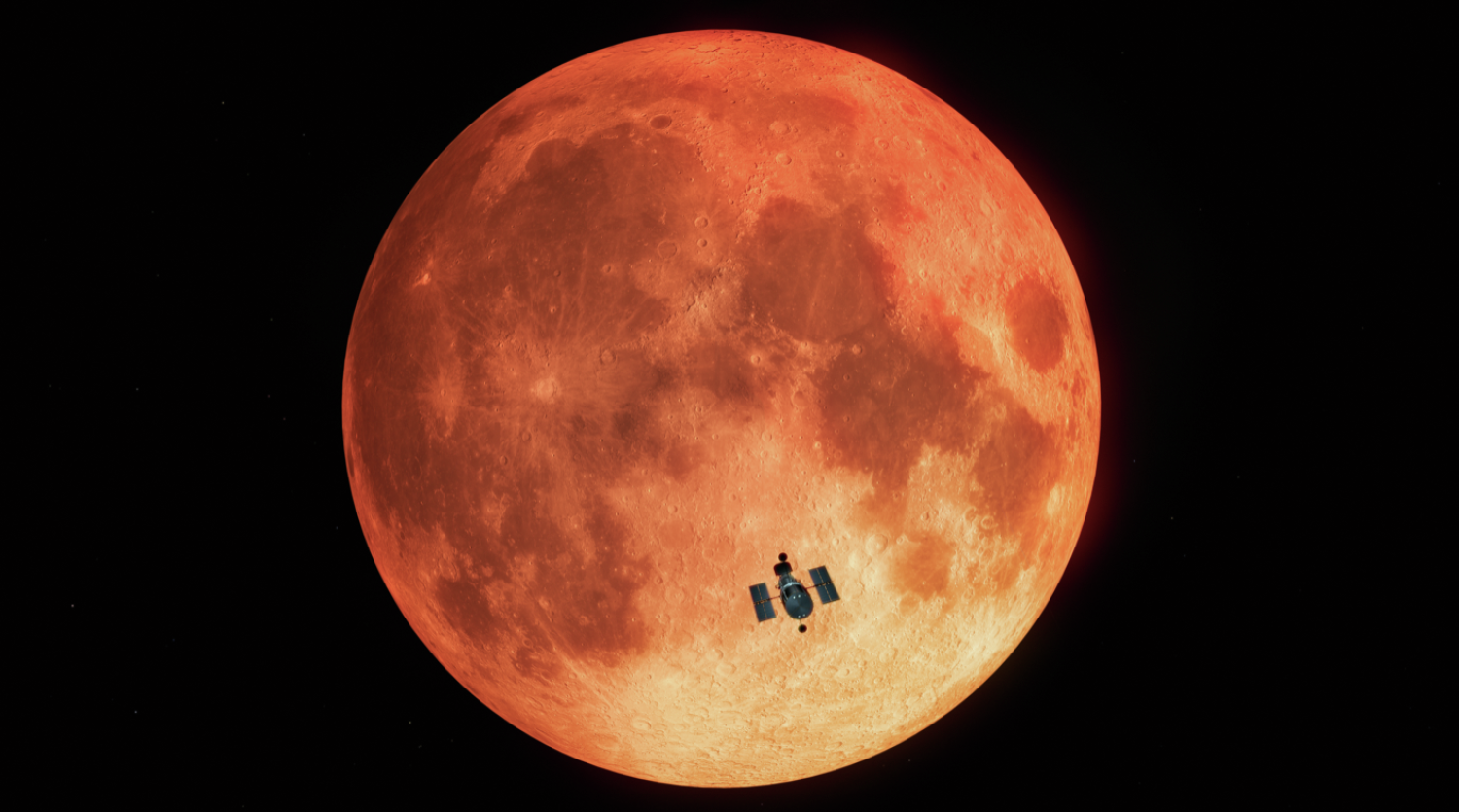 Artist's depiction of the Hubble Space Telescope passing in front of the moon during a total lunar eclipse.