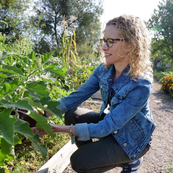 Professor Jill Litt looks over an eggplant at a community garden next to Regis University in Denver