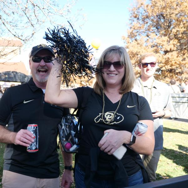 Students, alumni and families celebrate during pre-game festivities for Homecoming weekend on the CU Boulder campus on Saturday, Nov. 9, 2019. (Photo by Glenn Asakawa/University of Colorado)