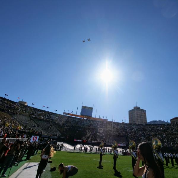 Jets perform a flyover during pre-game ceremonies at Folsom Field on Saturday, Nov. 9, 2019. (Photo by Glenn Asakawa/University of Colorado)