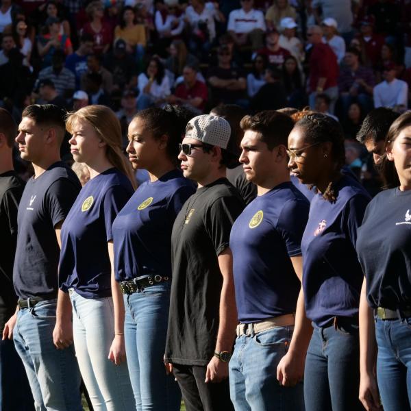 Fifty new recruits from the state of Colorado are sworn in to their respective military services during the first half of the Colorado-Stanford football game at Folsom Field on Saturday, Nov. 9, 2019. (Photo by Glenn Asakawa/University of Colorado)