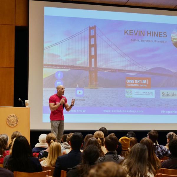 Suicide survivor and prevention advocate Kevin Hines speaks on campus. Photo by Glenn Asakawa.