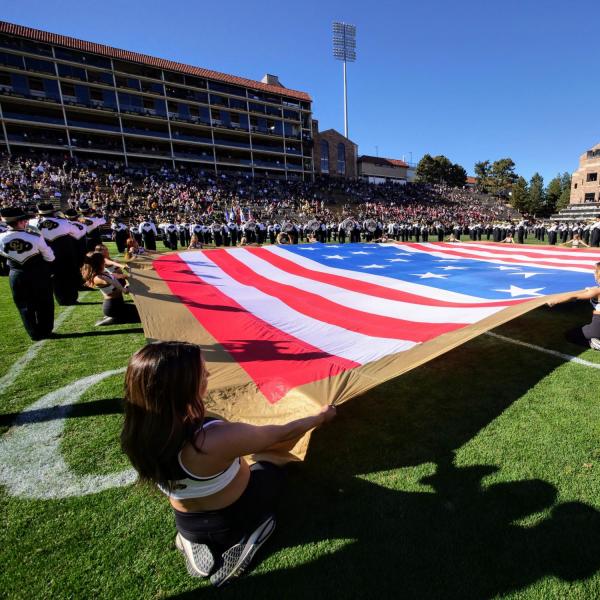 The Golden Buffalo Marching Band performs during pre-game ceremonies during Homecoming weekend on the CU Boulder campus on Saturday, Nov. 9, 2019. (Photo by Glenn Asakawa/University of Colorado)