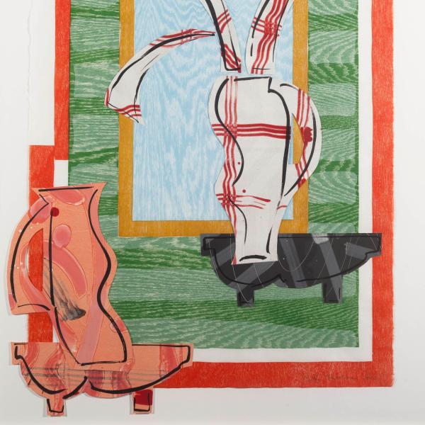 Betty Woodman, American (b. 1930), Vases and Windows III-04, 2010, collage and woodcut monotype, 38 ¼ x 34 ½ inches, Gift of David and Annette Raddock, 2013.05, Photo: Jeff Wells / © Betty Woodman