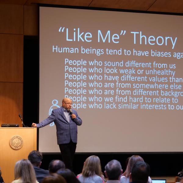 Dr. Christopher Bell delivers the keynote address for the 2019 Fall Diversity Summit. (Photo by Glenn Asakawa/University of Colorado)