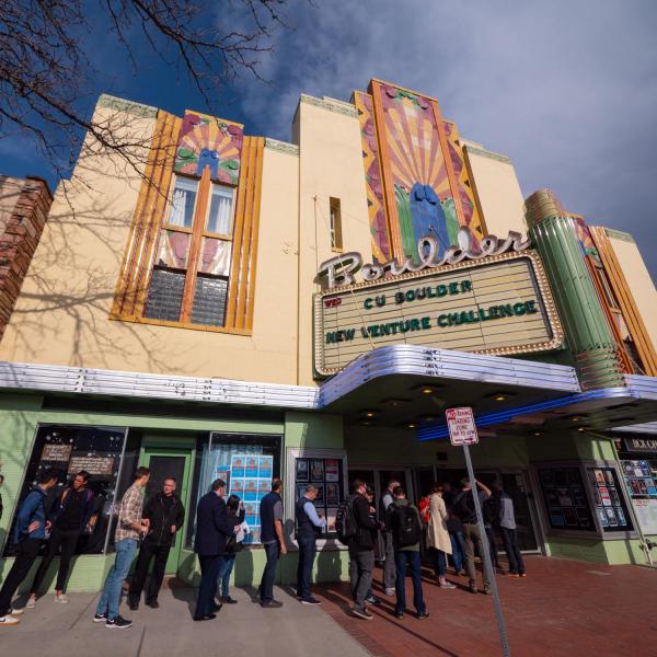 Guests line up for the 2019 New Venture Challenge Finals at the Boulder Theater. Photo by Glenn Asakawa.