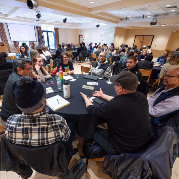 Participants gather and collaborate during a session titled “Students Unplugged: Communicating Effectively and Authentically” at the CU Boulder 2020 Spring Diversity Summit. (Photo by Glenn Asakawa/University of Colorado)