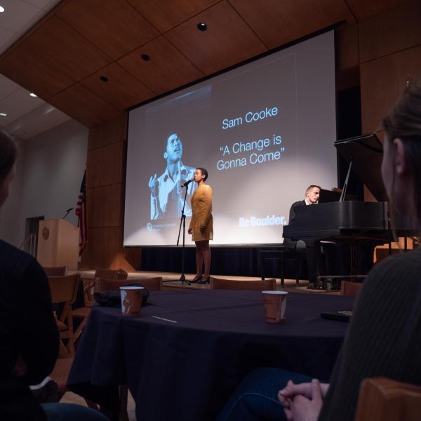 CU Boulder College of Music students Asha Romero and Lennart Triescchin perform the Sam Cooke song “A Change is Gonna Come” during the CU Boulder 2020 Spring Diversity Summit. (Photo by Glenn Asakawa/University of Colorado)